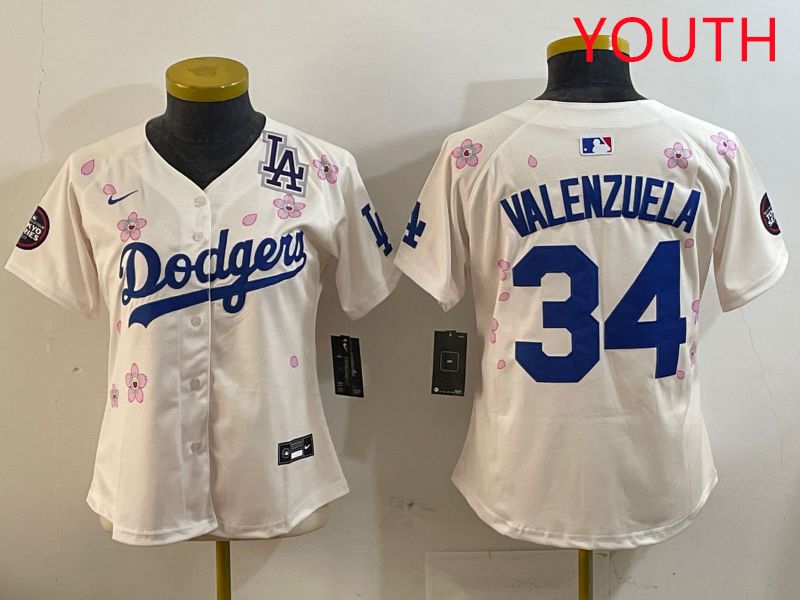 Youth Los Angeles Dodgers #34 Valenzuela Cream Sakura Edition 2025 Nike MLB Jersey style 4
